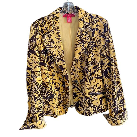 Boho Velvet Blazer Sz 12 Yellow & Brown Floral A-LINE Jacket Zip Front Pockets - Picture 13 of 13